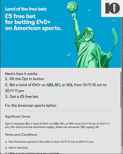 10Bet NFL November offer - bet £40 get £5 Free Bet.